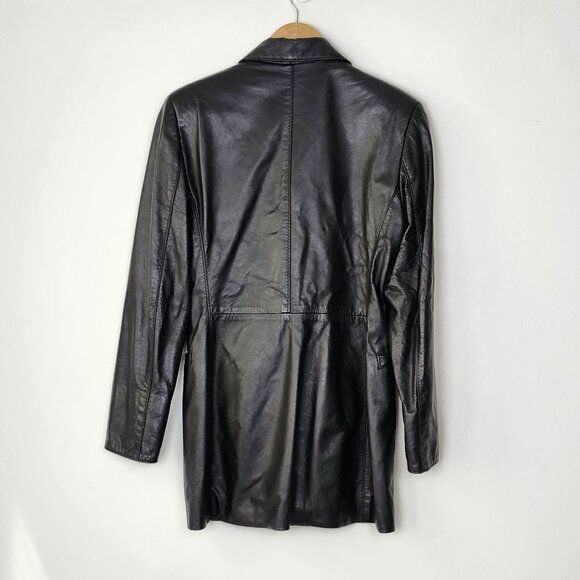 Vtg Late 90s Early 00s Women's Genuine Leather Long Black Button-Up Jacket Rock - Picture 5 of 16
